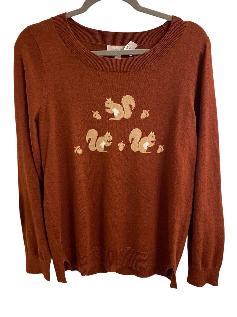 LOFT PERFECT FALL SWEATER Rust Crewneck Sweater Squirrels Motif Large NWT NATURE - Picture 9 of 16